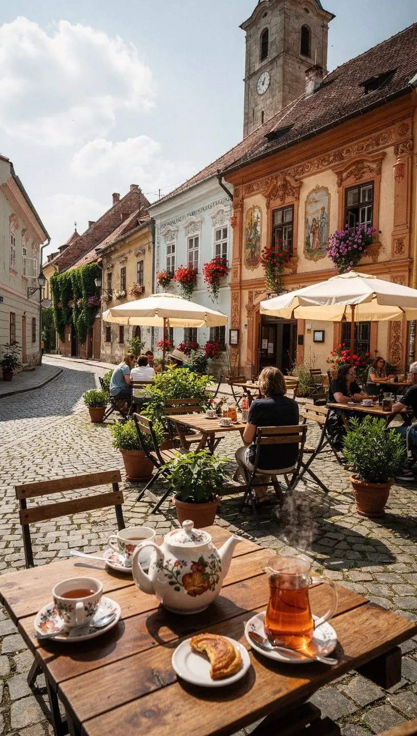Édes mézes ízű Honeybush tea gőzölgő csésze, háttérben zöld növényekkel.