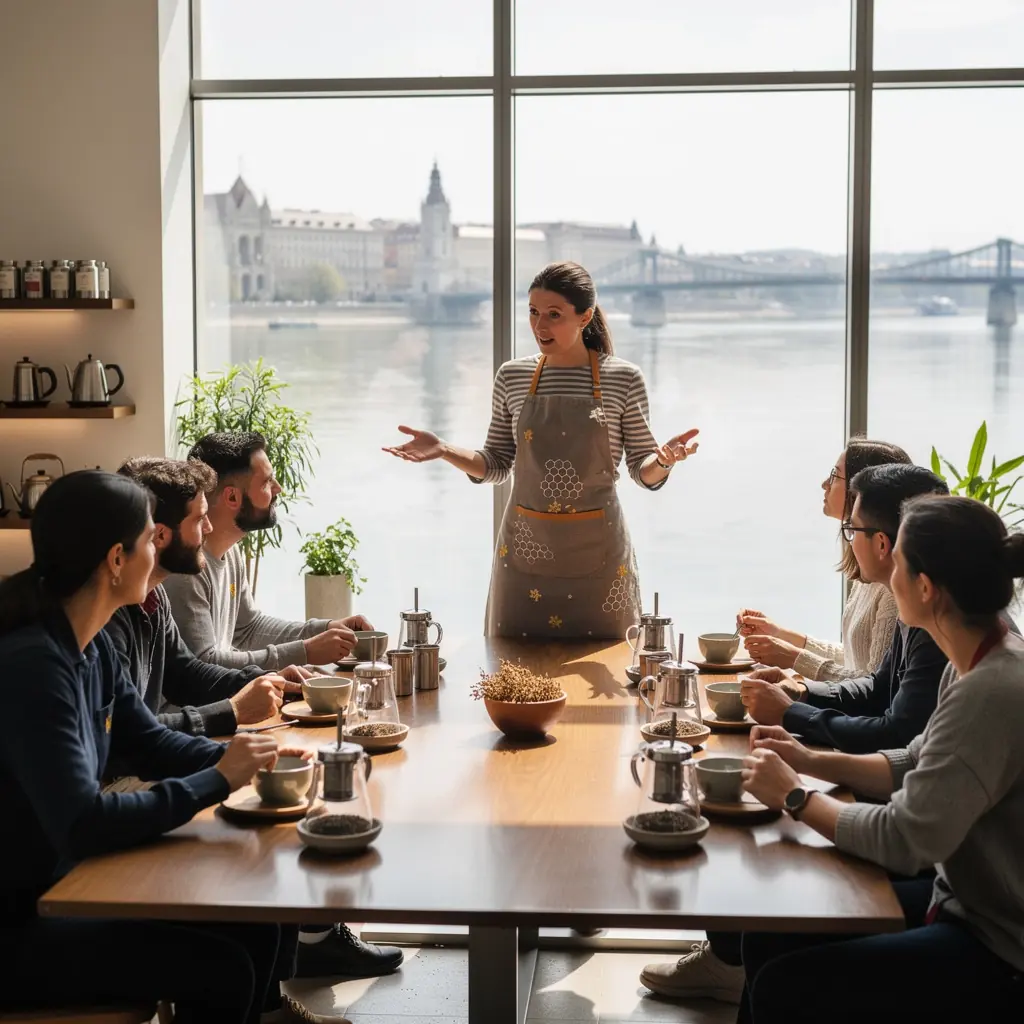 Teázó asztal, rajta egy csésze Honeybush tea és egy könyv, nyugodt légkörben.